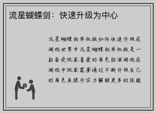 流星蝴蝶剑：快速升级为中心